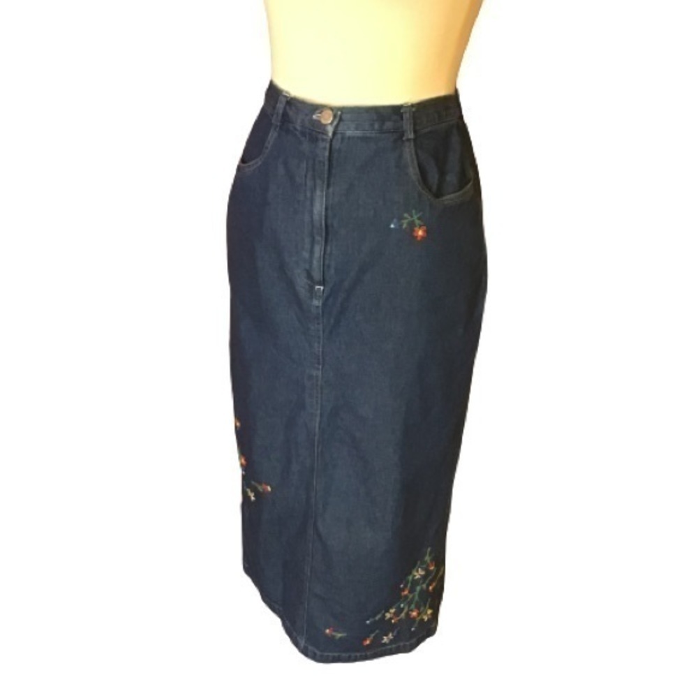 Susan Bristol Blue Maxi Skirt with Floral Embroidery